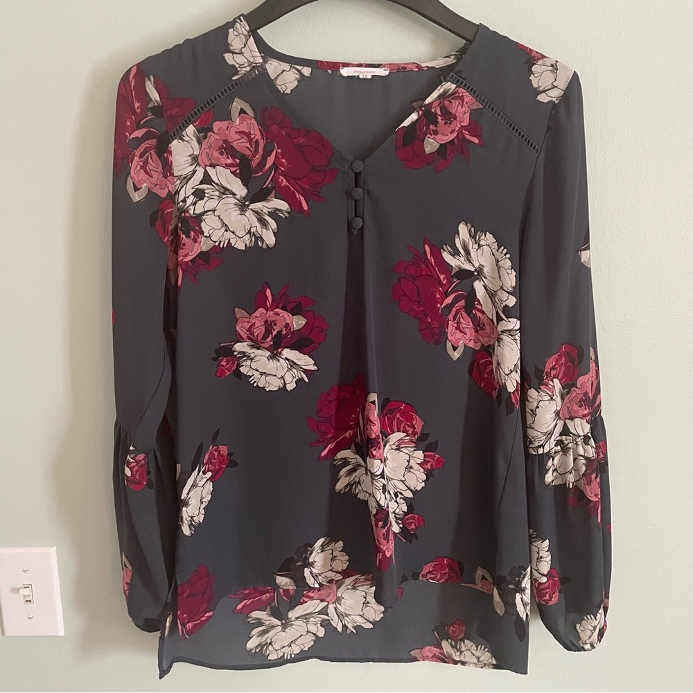 Maurices Floral Blouse - Charcoal and Burgundy Size XS